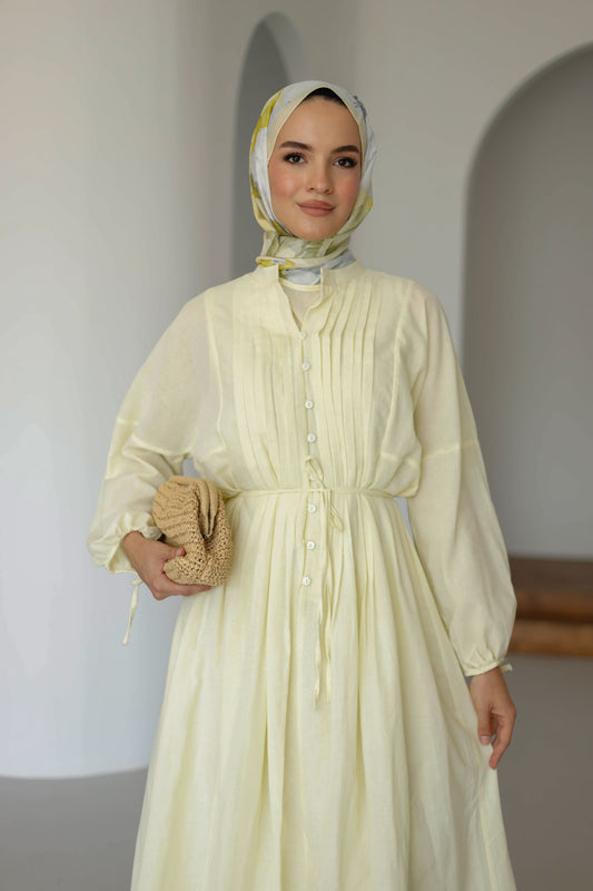 Nervürlü Pamuk Keten Elbise Astarlı - Sarı