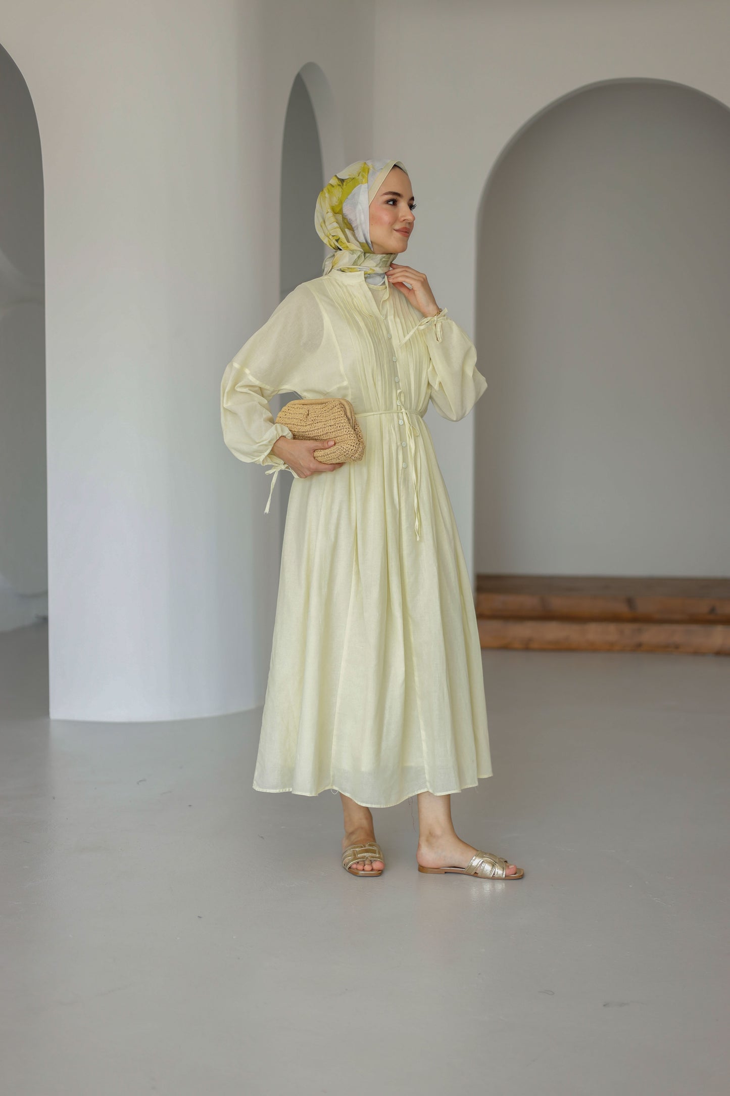 Nervürlü Pamuk Keten Elbise Astarlı - Sarı