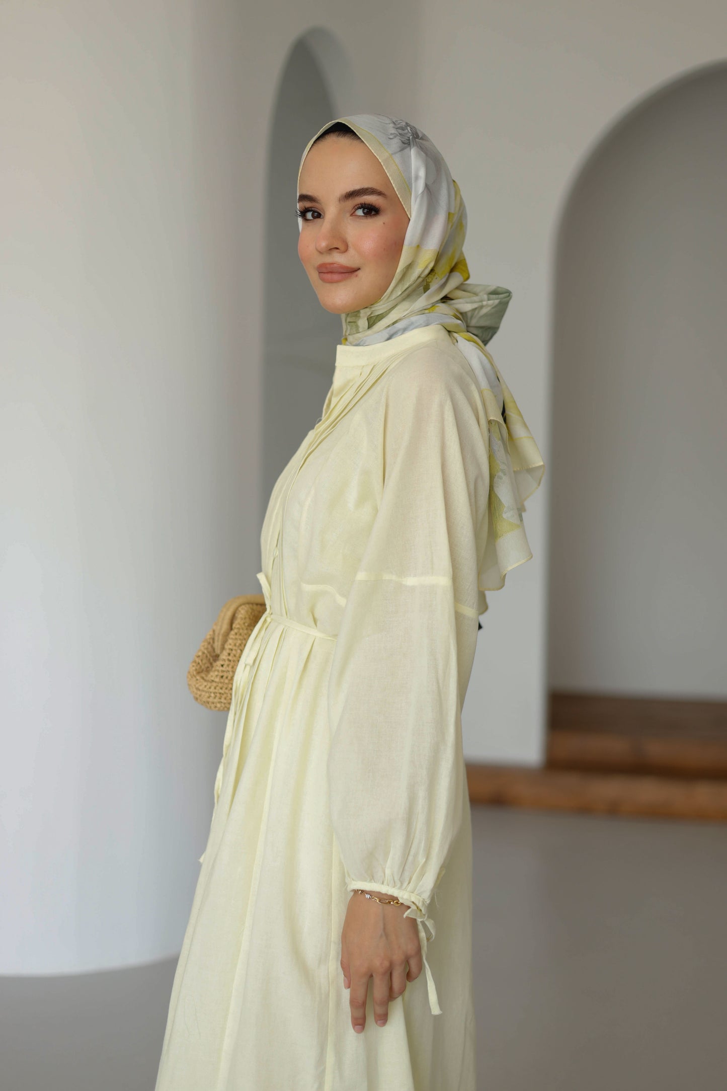 Nervürlü Pamuk Keten Elbise Astarlı - Sarı