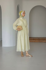 Nervürlü Pamuk Keten Elbise Astarlı - Sarı