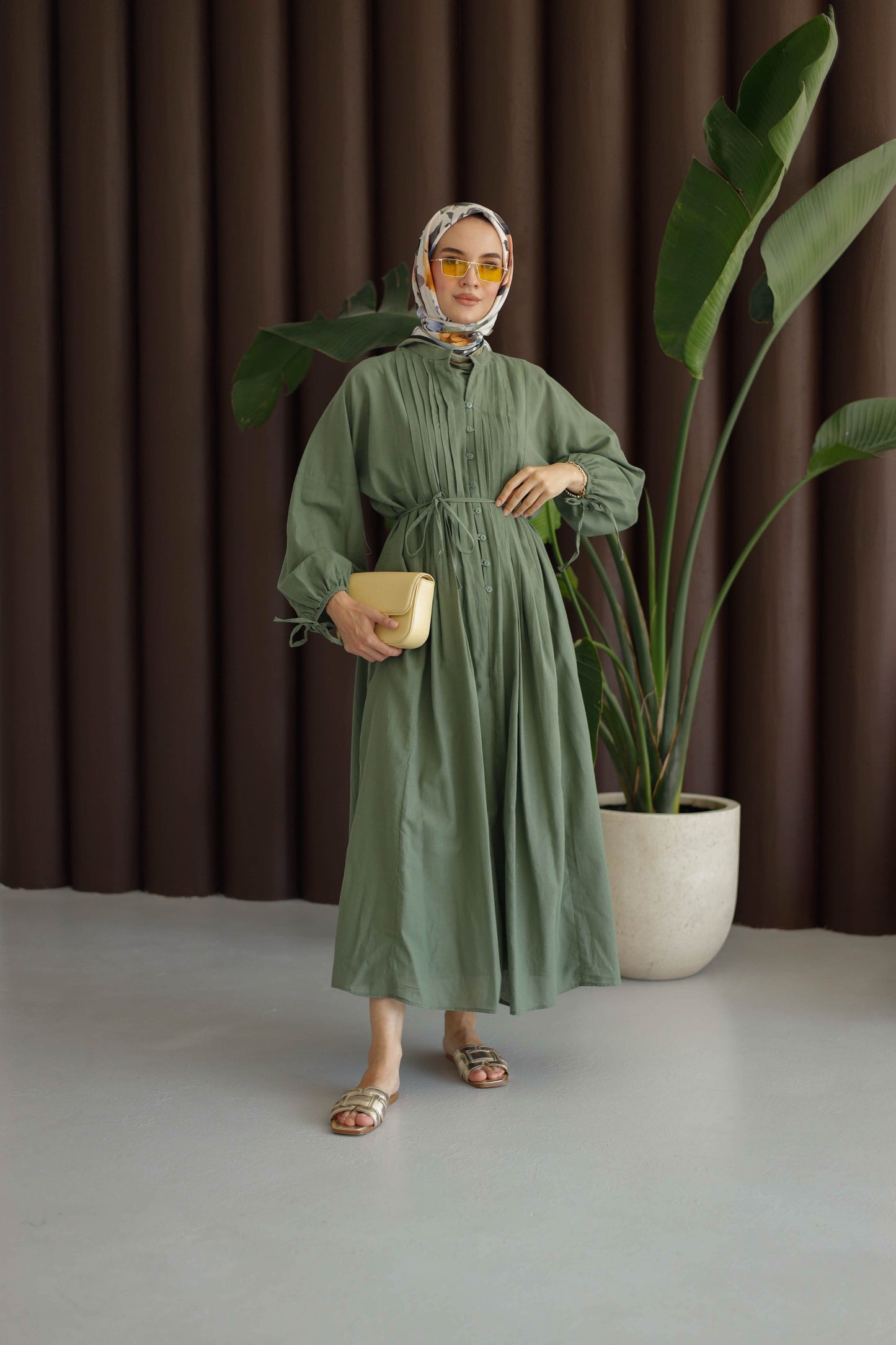 Nervürlü Pamuk Keten Elbise Astarlı - Yeşil