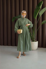 Nervürlü Pamuk Keten Elbise Astarlı - Yeşil