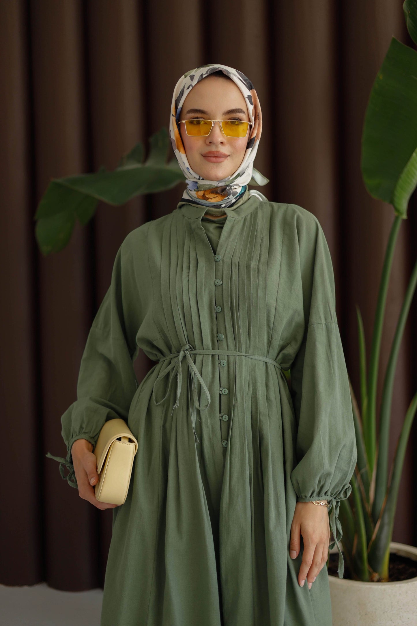 Nervürlü Pamuk Keten Elbise Astarlı - Yeşil