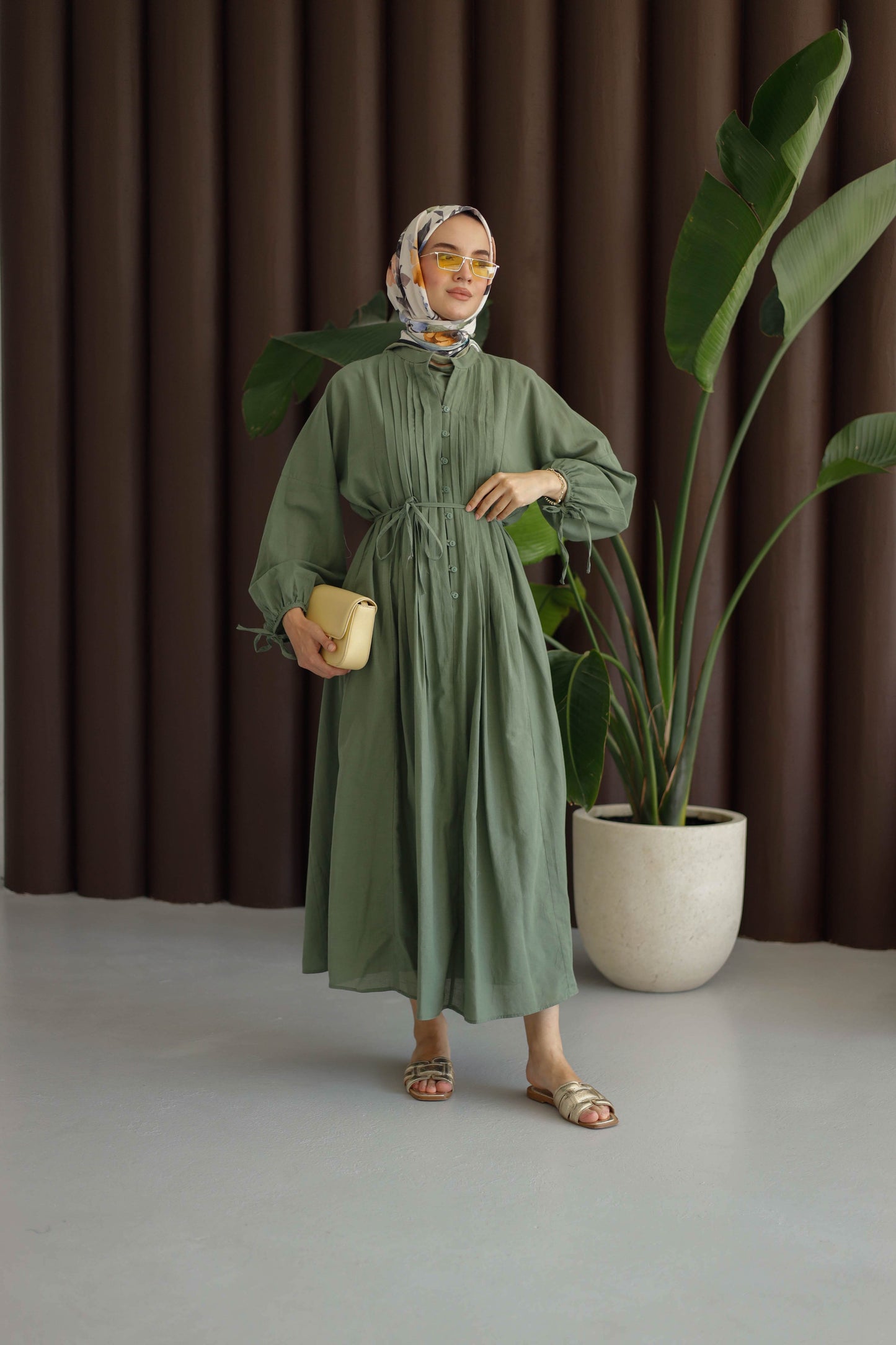 Nervürlü Pamuk Keten Elbise Astarlı - Yeşil