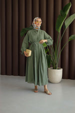 Nervürlü Pamuk Keten Elbise Astarlı - Yeşil