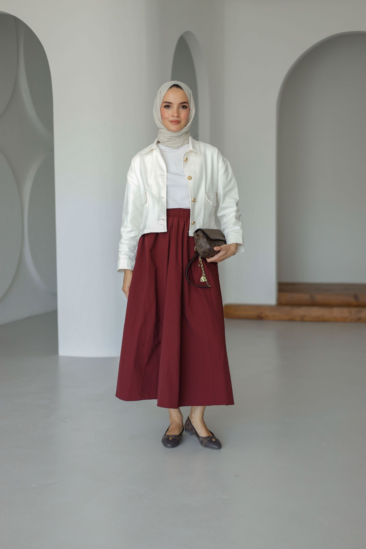 Beli Lastikli Çift Cepli Etek - Bordo