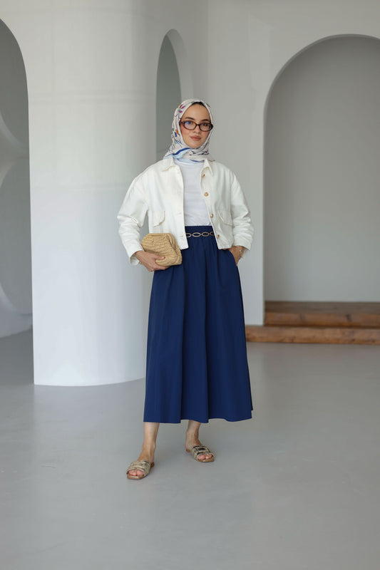 Beli Lastikli Çift Cepli Etek - Lacivert