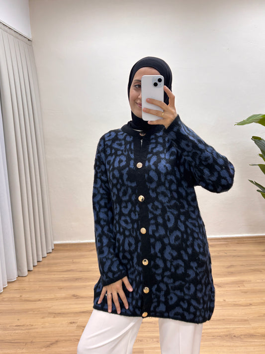 Leopar Desenli Triko Hırka - Lacivert