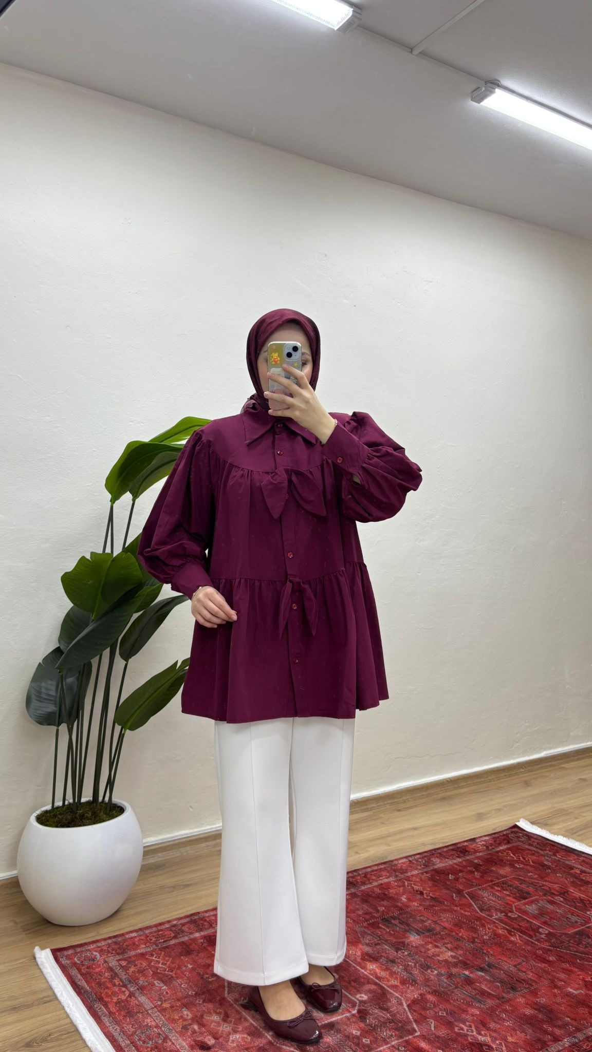 Fiyonklu Salaş Tesettür Gömlek - Bordo