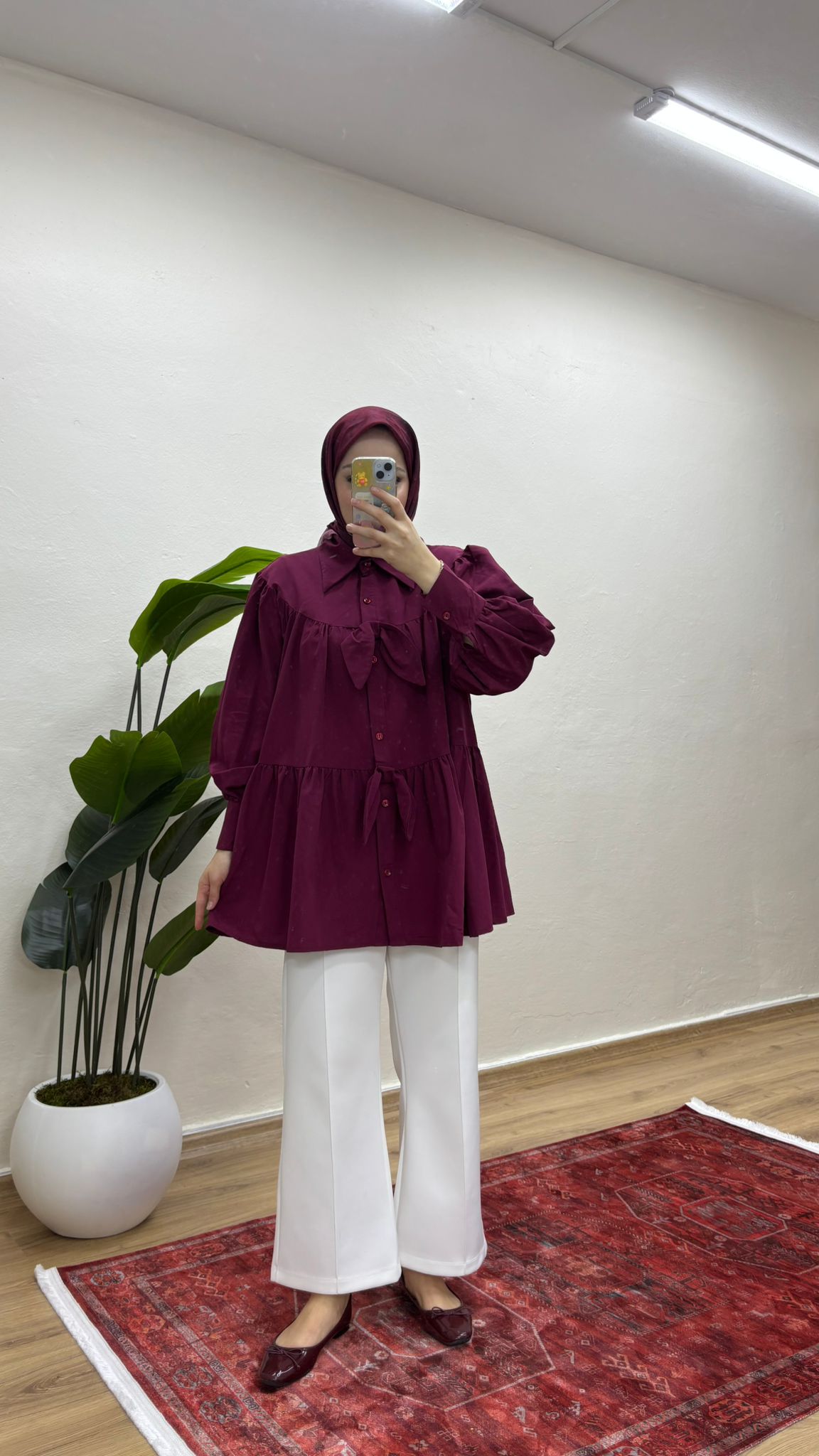 Fiyonklu Salaş Tesettür Gömlek - Bordo