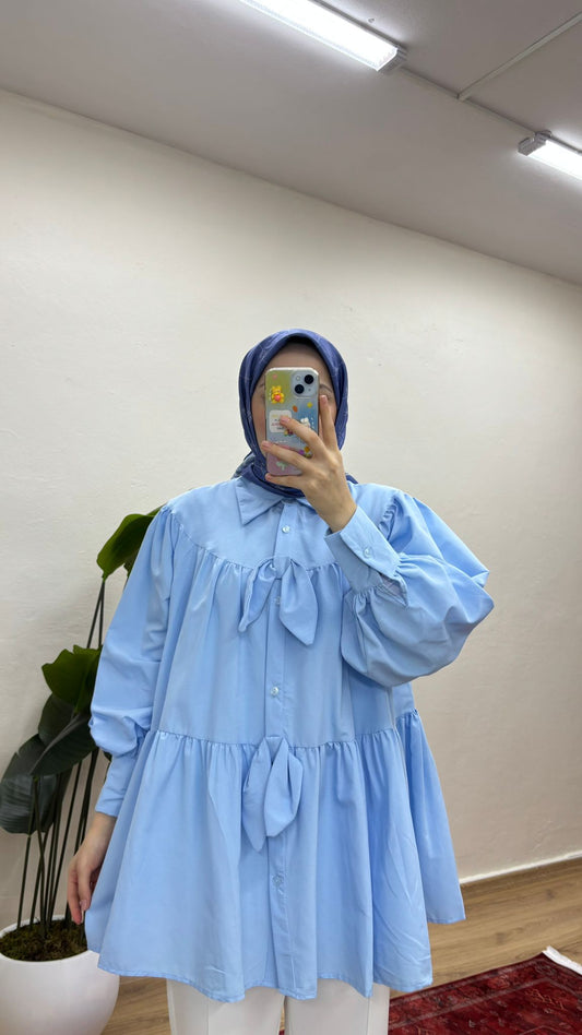 Fiyonklu Salaş Tesettür Gömlek - Mavi