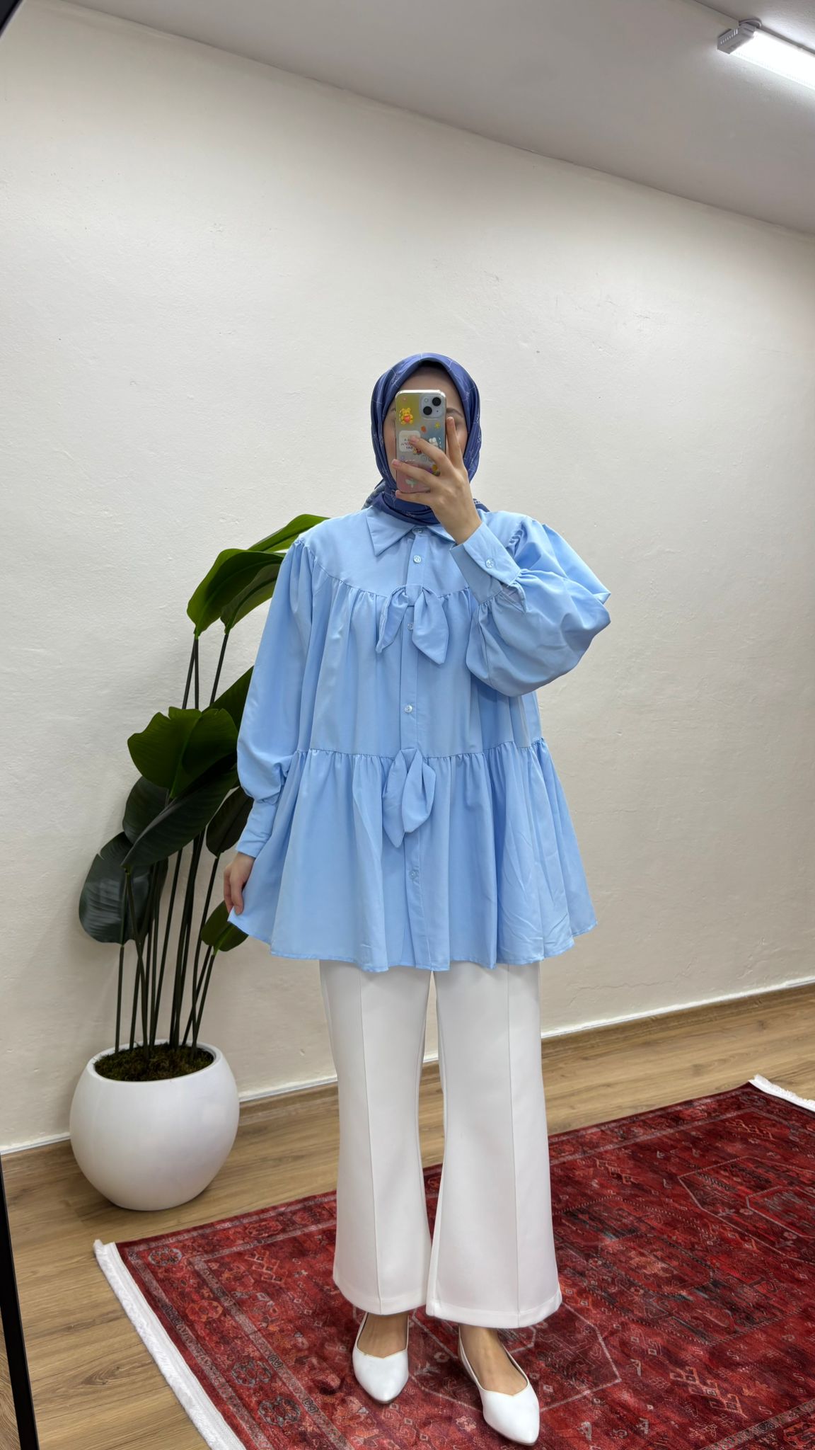 Fiyonklu Salaş Tesettür Gömlek - Mavi