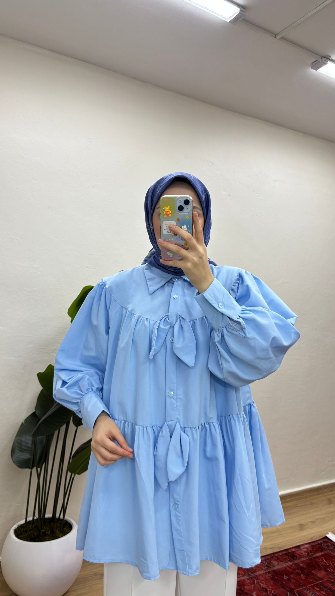 Fiyonklu Salaş Tesettür Gömlek - Mavi