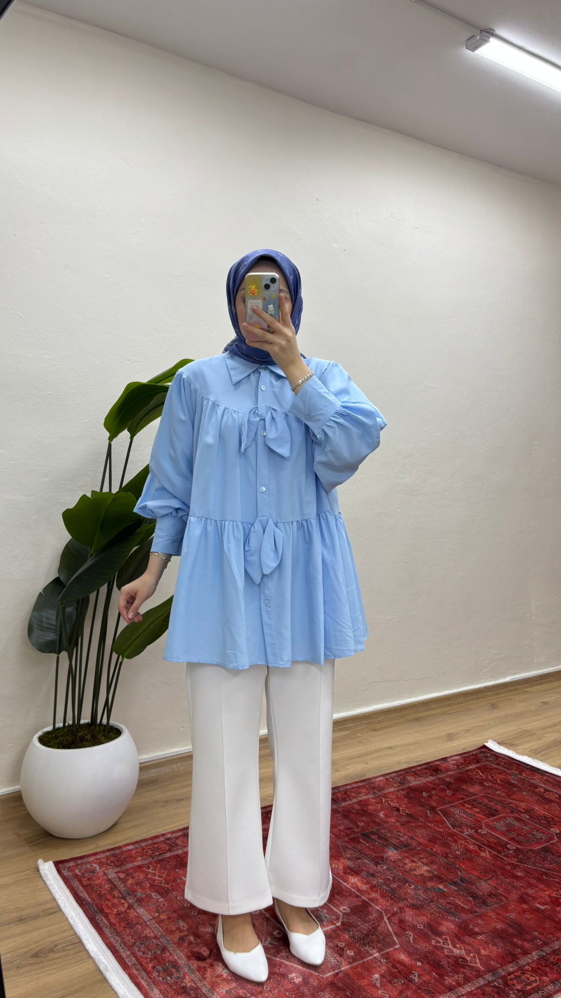 Fiyonklu Salaş Tesettür Gömlek - Mavi