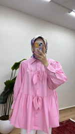 Fiyonklu Salaş Tesettür Gömlek - Pembe