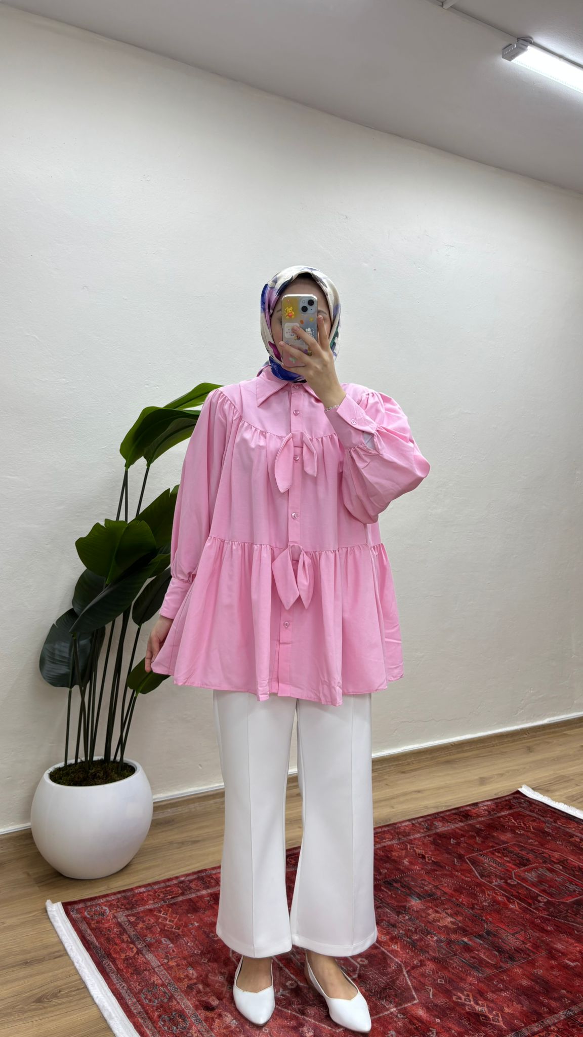 Fiyonklu Salaş Tesettür Gömlek - Pembe