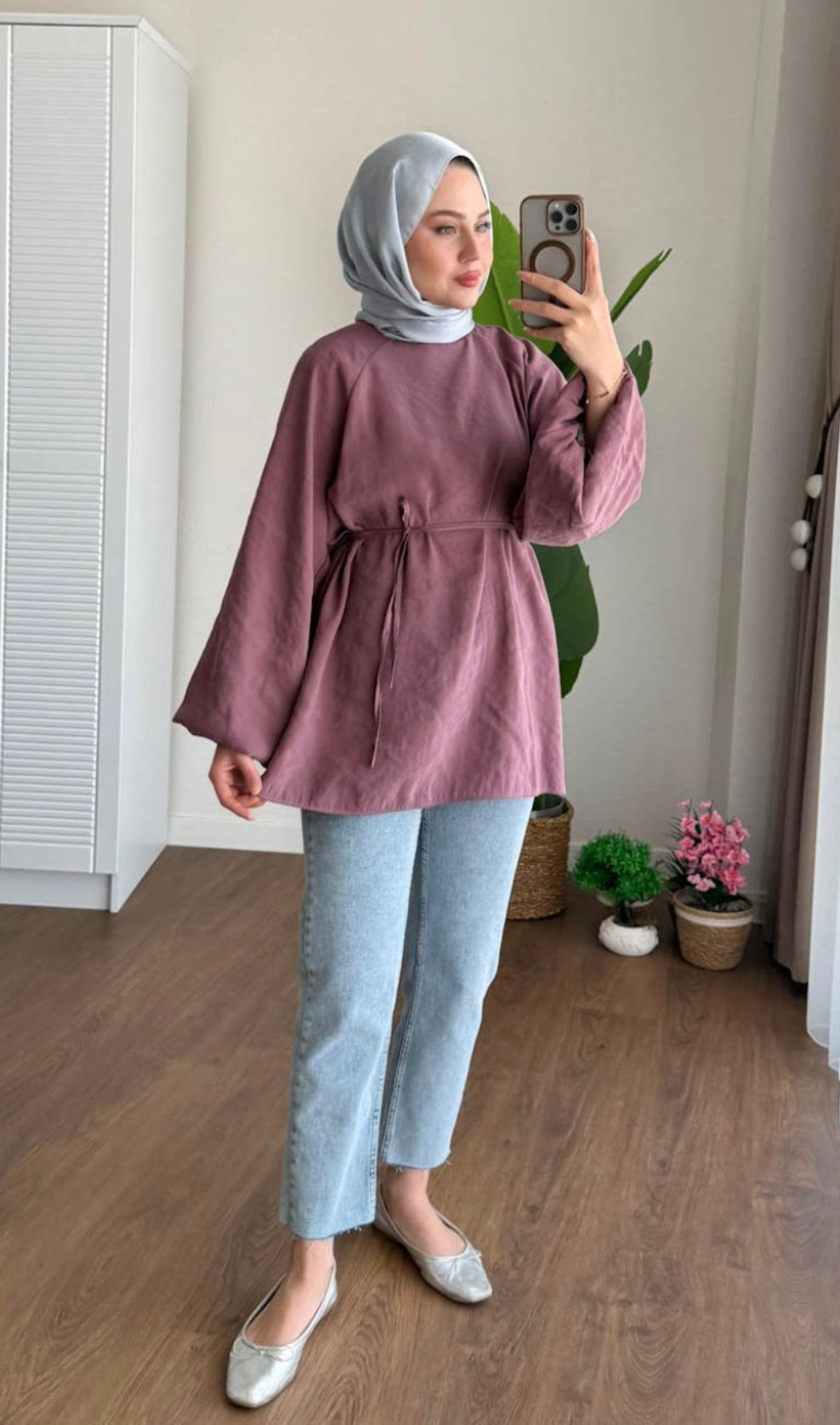 Balon Kol Bel Bağlamalı Tesettür Gömlek - Gül