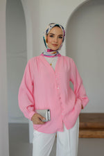 V Yaka Önü Düğme Detaylı Tesettür Gömlek - Pembe