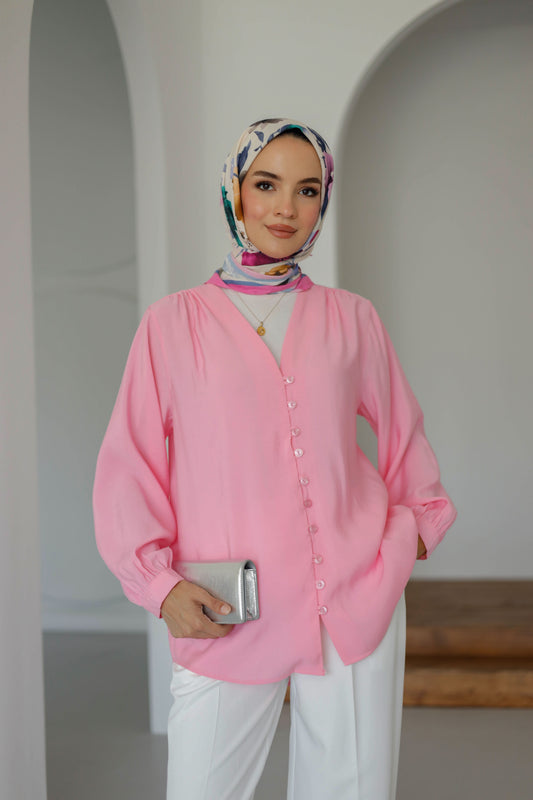 V Yaka Önü Düğme Detaylı Tesettür Gömlek - Pembe