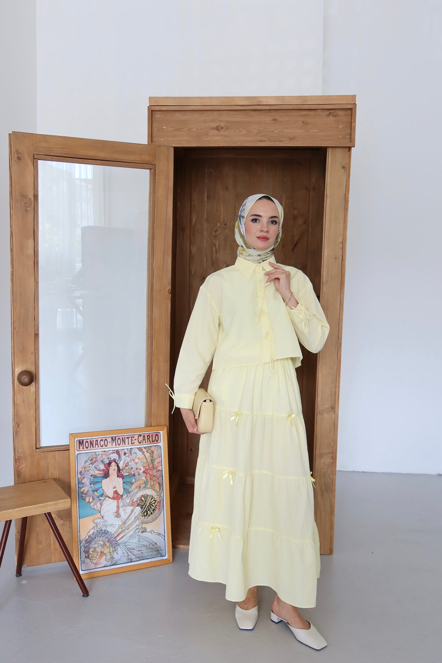 Kurdela İp Detay Etekli Tesettür Takım - Sarı