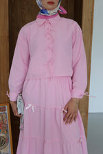 Kurdela İp Detay Etekli Tesettür Takım - Pembe