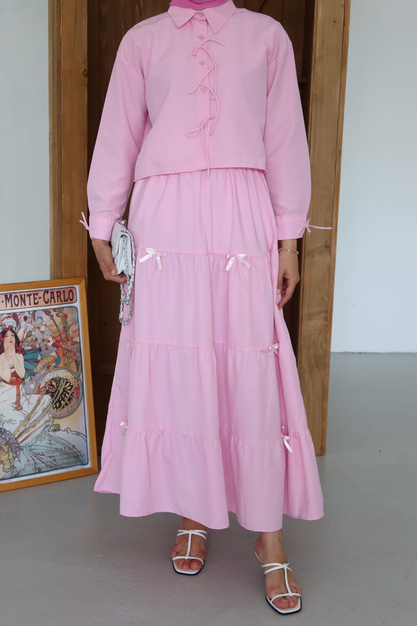 Kurdela İp Detay Etekli Tesettür Takım - Pembe