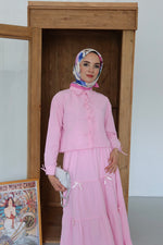 Kurdela İp Detay Etekli Tesettür Takım - Pembe