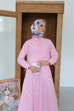 Kurdela İp Detay Etekli Tesettür Takım - Pembe