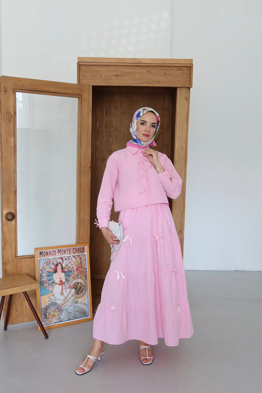 Kurdela İp Detay Etekli Tesettür Takım - Pembe