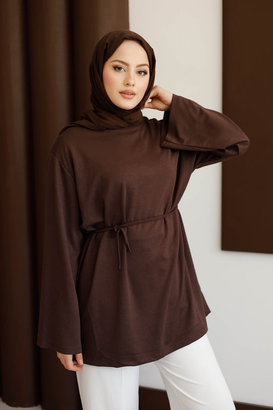 Bel Bağlamalı Oyhso Tunik - Kahverengi