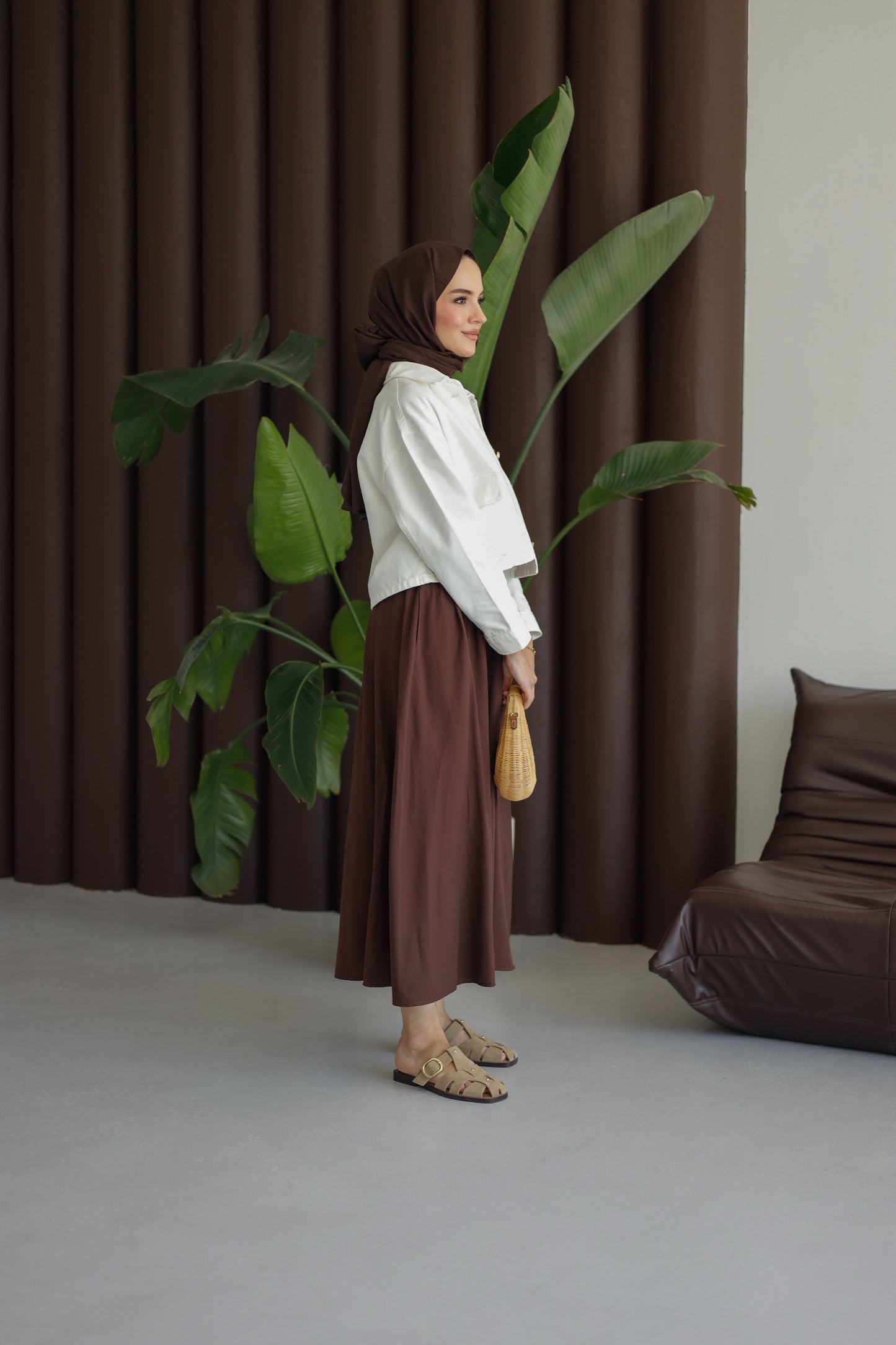 Beli Lastikli Çift Cepli Etek - Kahverengi