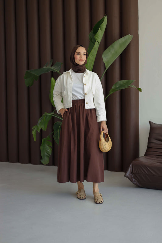 Beli Lastikli Çift Cepli Etek - Kahverengi