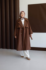 Önü Düğmeli Premium Oversize Trençkot - Kahve