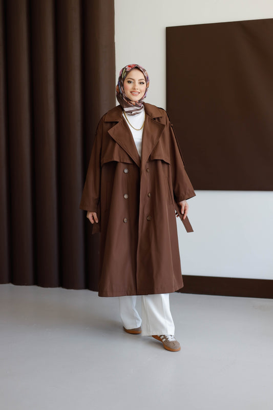 Önü Düğmeli Premium Oversize Trençkot - Kahve