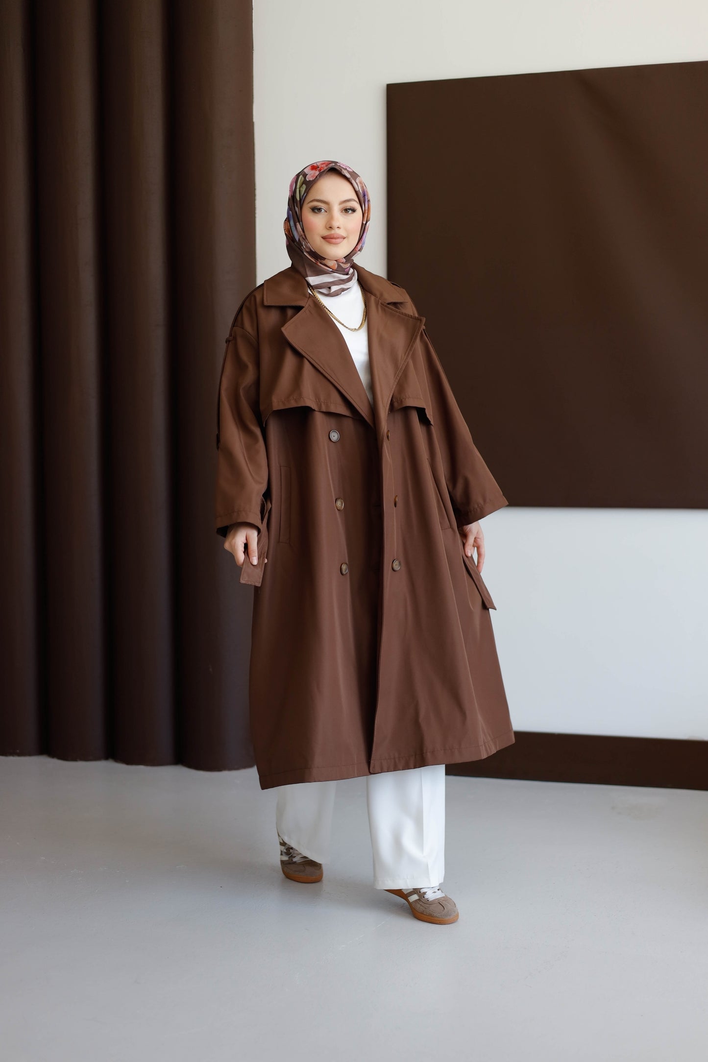 Önü Düğmeli Premium Oversize Trençkot - Kahve