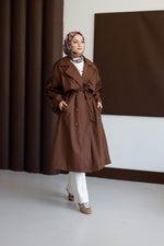 Önü Düğmeli Premium Oversize Trençkot - Kahve