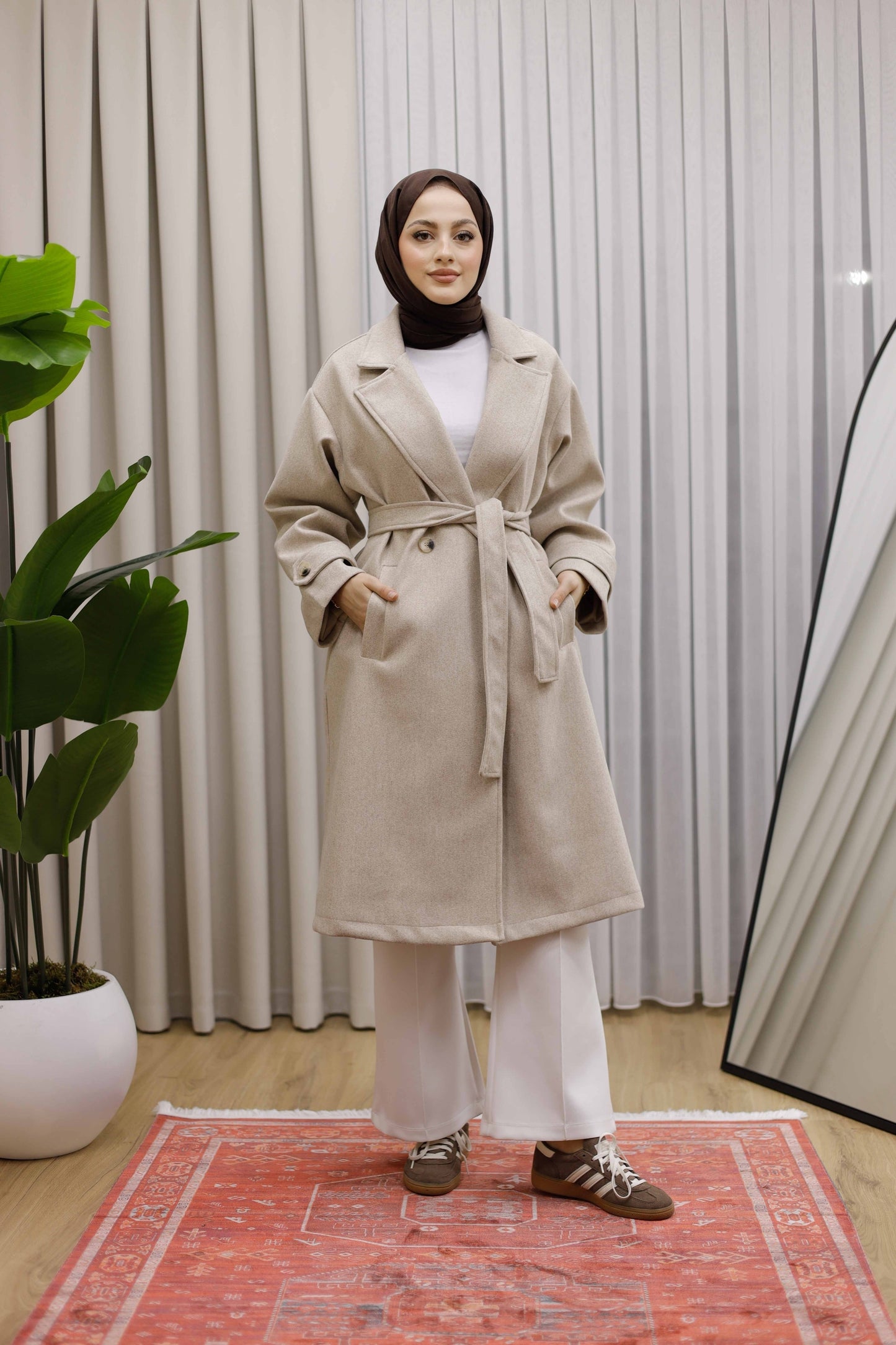 Ceket Yaka Kruvaze Kuşaklı Premium  Ara Boy Kaban  - Taş