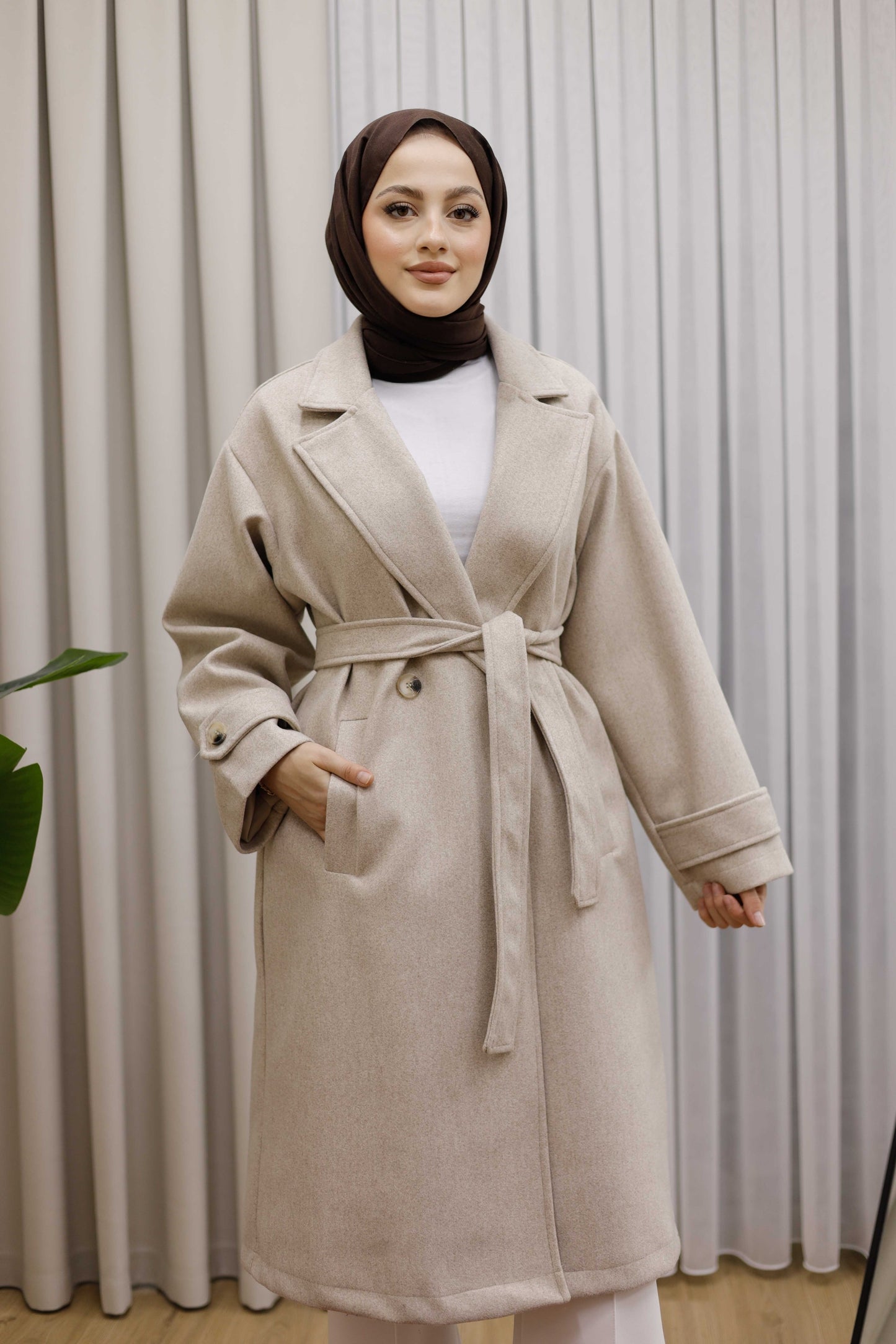 Ceket Yaka Kruvaze Kuşaklı Premium  Ara Boy Kaban  - Taş