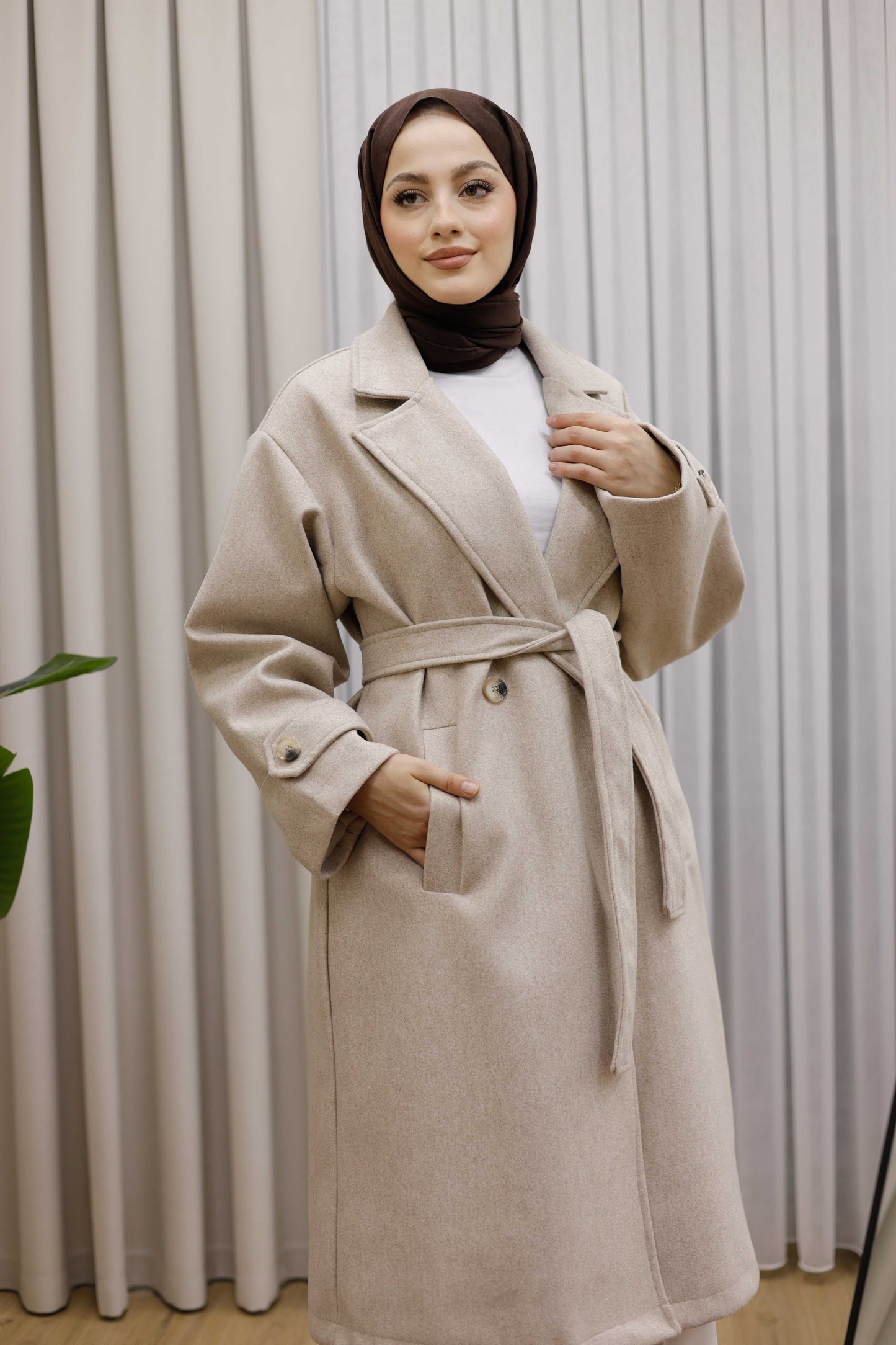 Ceket Yaka Kruvaze Kuşaklı Premium  Ara Boy Kaban  - Taş