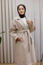 Ceket Yaka Kruvaze Kuşaklı Premium  Ara Boy Kaban  - Taş