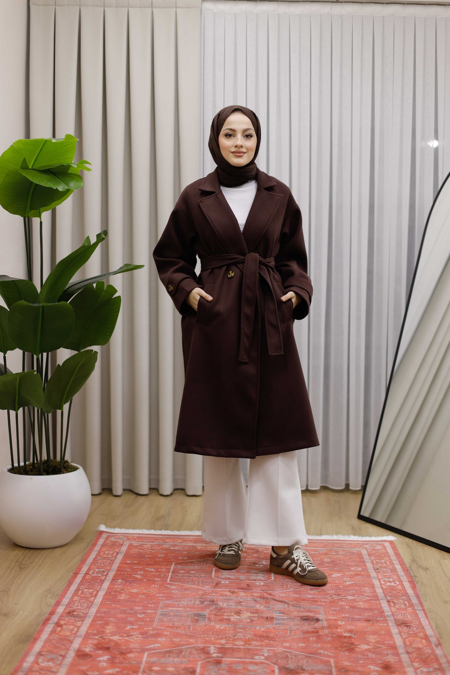 Ceket Yaka Kruvaze Kuşaklı Premium  Ara Boy Kaban  - Kahverengi