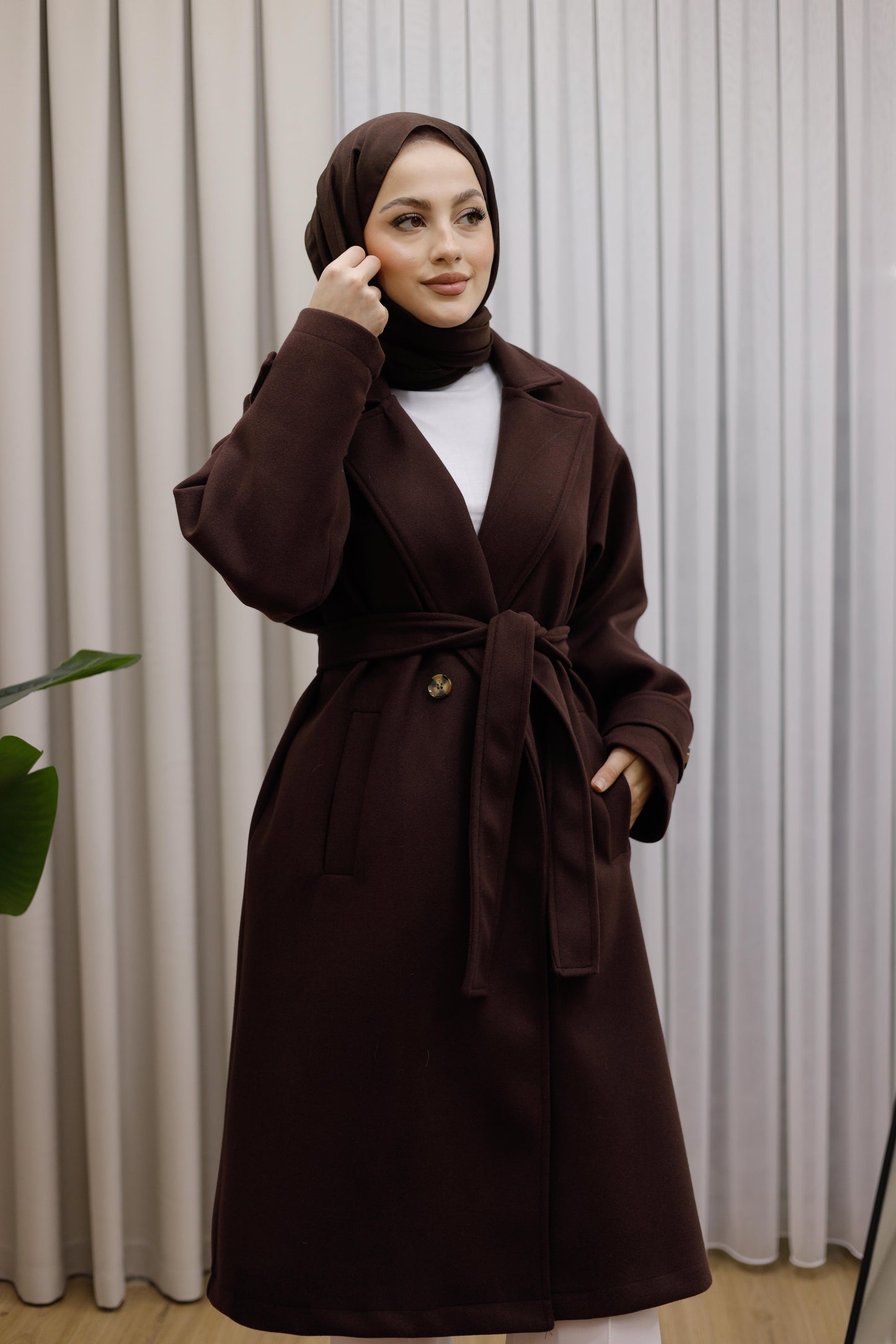 Ceket Yaka Kruvaze Kuşaklı Premium  Ara Boy Kaban  - Kahverengi