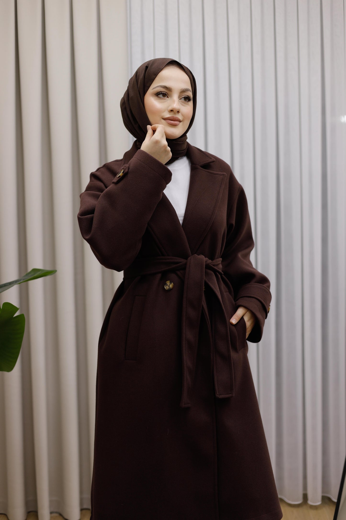 Ceket Yaka Kruvaze Kuşaklı Premium  Ara Boy Kaban  - Kahverengi