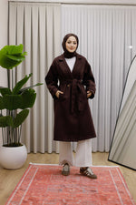 Ceket Yaka Kruvaze Kuşaklı Premium  Ara Boy Kaban  - Kahverengi