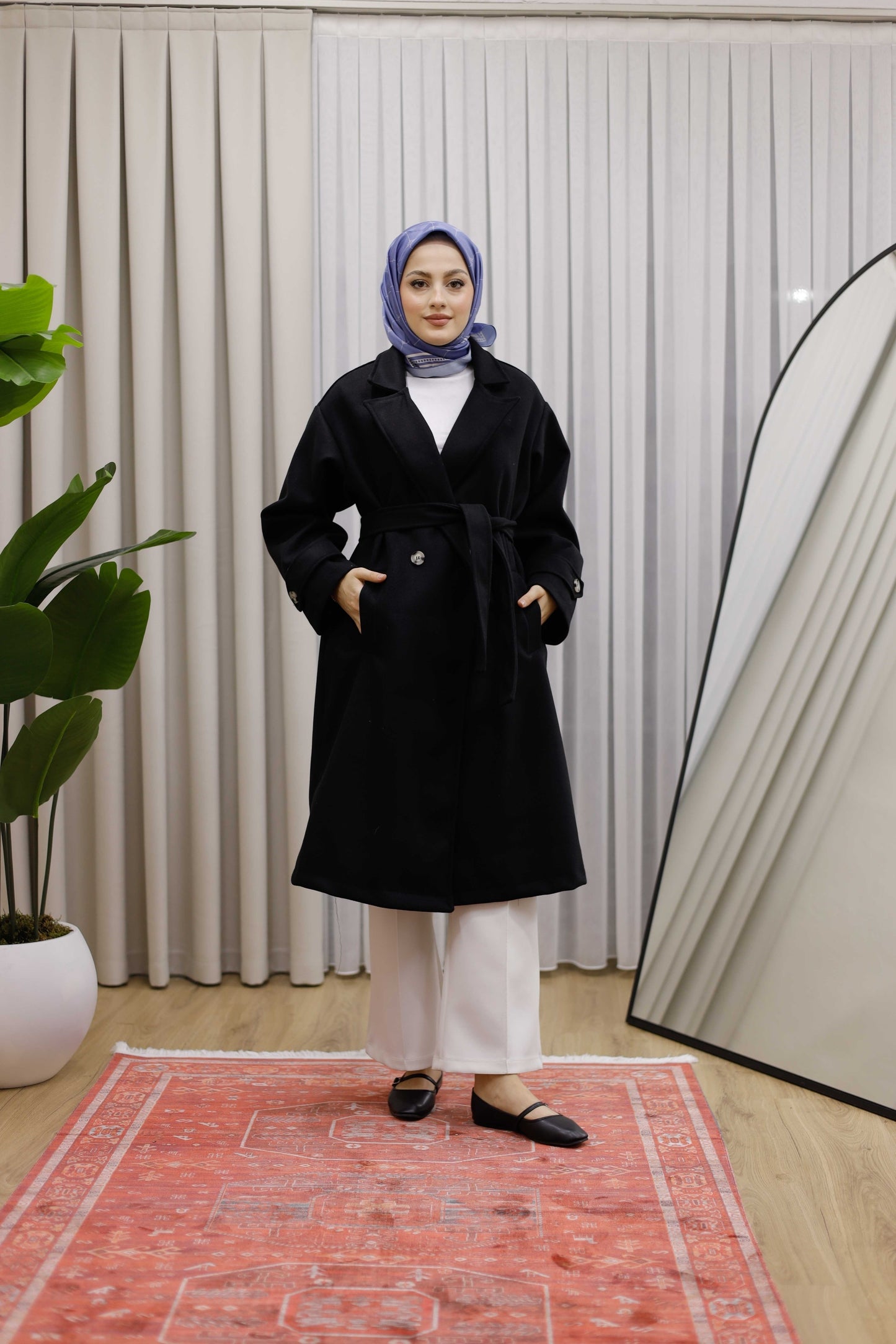 Ceket Yaka Kruvaze Kuşaklı Premium  Ara Boy Kaban  - Siyah