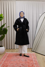 Ceket Yaka Kruvaze Kuşaklı Premium  Ara Boy Kaban  - Siyah