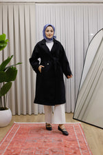 Ceket Yaka Kruvaze Kuşaklı Premium  Ara Boy Kaban  - Siyah