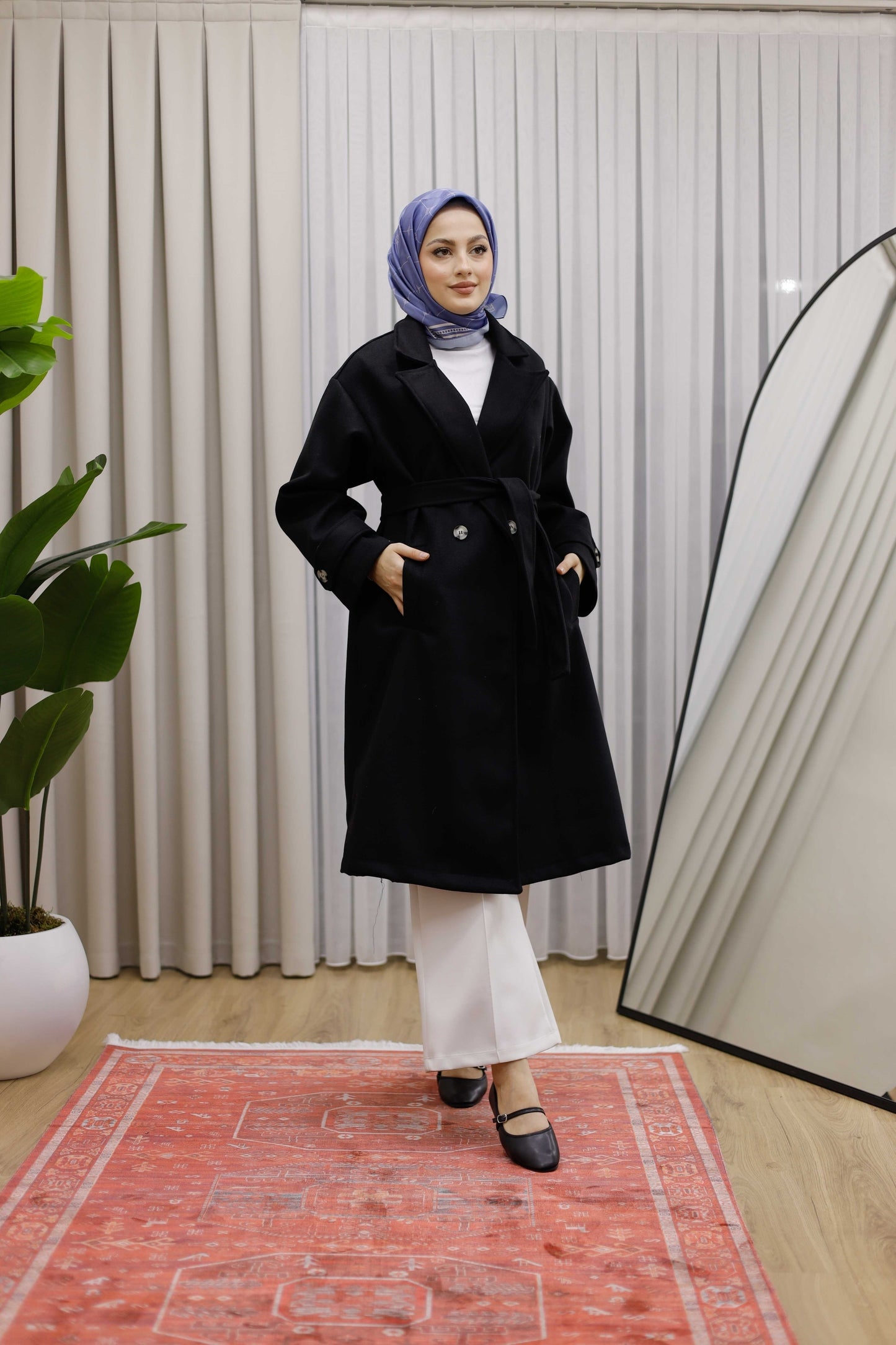 Ceket Yaka Kruvaze Kuşaklı Premium  Ara Boy Kaban  - Siyah