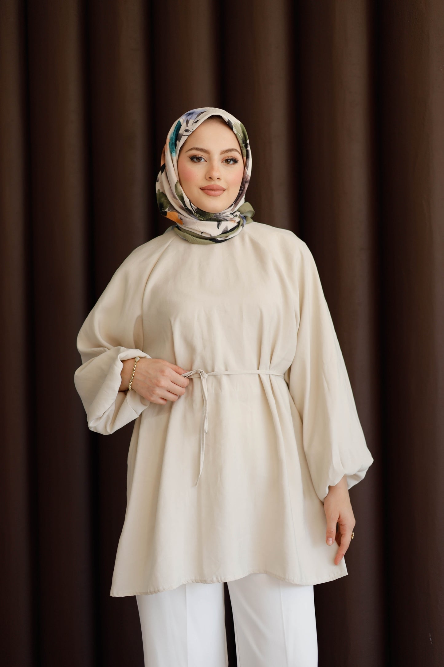 Balon Kol Bel Bağlamalı Tesettür Gömlek - Bej