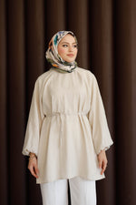 Balon Kol Bel Bağlamalı Tesettür Gömlek - Bej